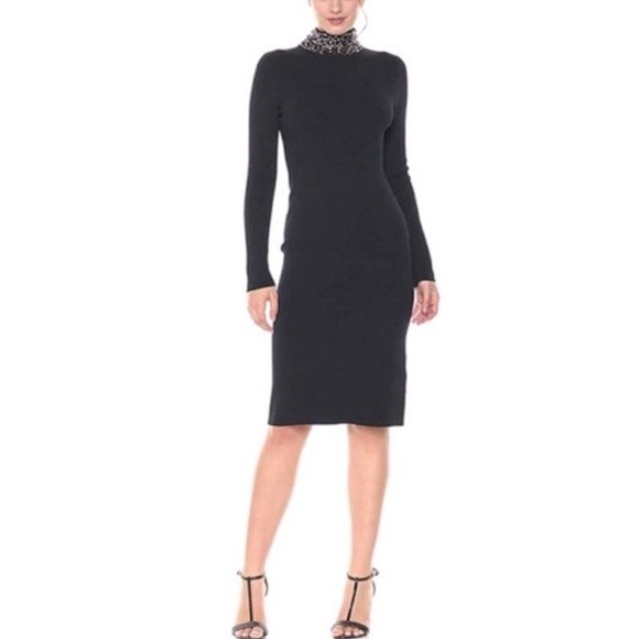 ELIZA J NWT Black Knit Bodycon Midi Dress Sweater Dress Rhinestone Mock Neck S - Picture 1 of 16